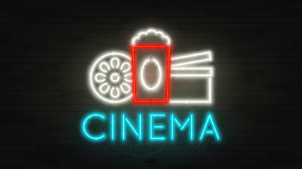 Color neon cinema billboard template. Retro realistic shining banner on brick wall. Concept of advertising for movie theater with glowing text.