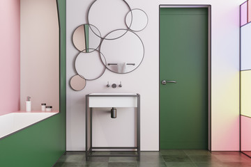 Pink modern bathroom interior, door