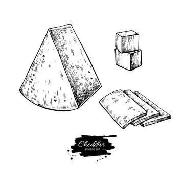 Cheddar cheese drawing. Vector hand drawn food sketch. Engraved triangle