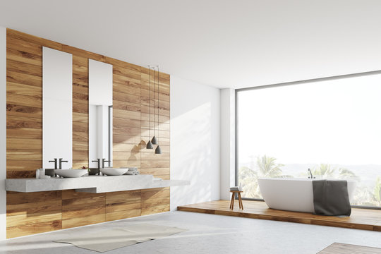 White and wooden bathroom, double sink