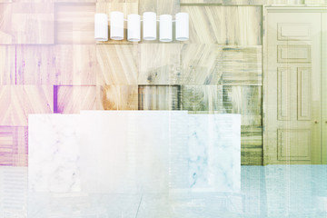 White reception in a wooden office, close up toned