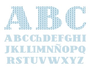 Knitted font, Spanish alphabet, vector, blue. Uppercase letters of the Spanish alphabet. Letters with serifs. Simulation of knitted fabric of blue color. Vector badges. 