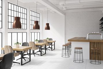 White and brick cafe interior side