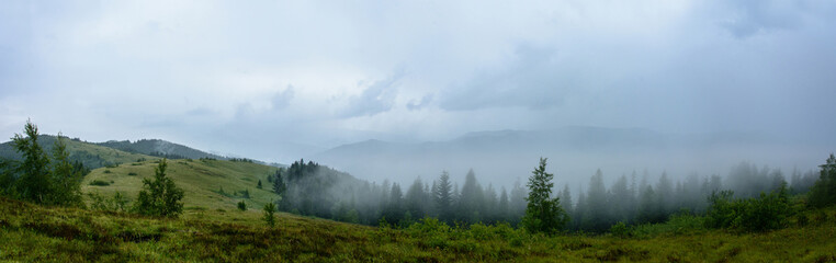 Amazing panorama on the mountain Yavorinka in the Carpathians during the rain