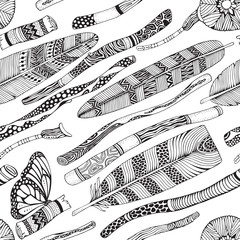 Seamless diagonal pattern with wooden branches, Painted Sticks, Feathers, flowers. Doodle style. Black and white, boho, vector, tribal design elements.