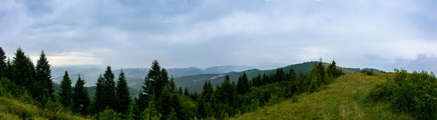 Fototapeta na wymiar Amazing panorama on the mountain Yavorinka in the Carpathians during the rain