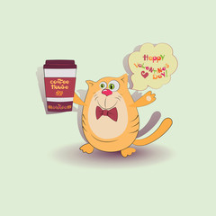 Cat, coffee and Valentine's Day. Sticker, emblem, banner, poster with greeting for Valentine's Day. Design for mobile messaging, scrapbooking, for printing on textiles or paper.