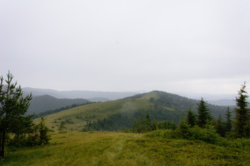 The foggy summit of Yavorinka in the Ukrainian mountains of the Carpathians