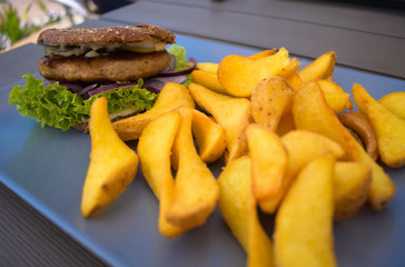fish burger with fries