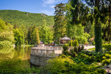 Fototapeta premium Park with a lake in the spa town Rajecke Teplice in Slovakia, Europe.