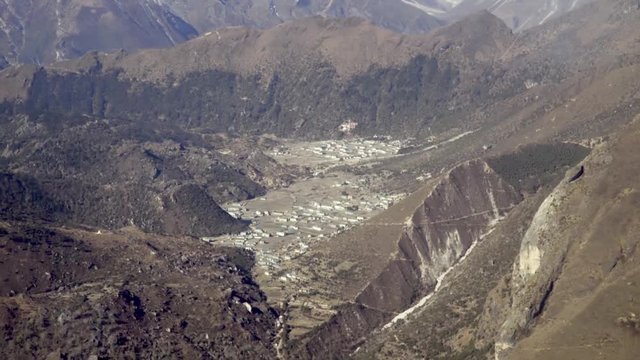 Aerial shot of Kunde and Khumjung, Nepal, from helicopter towards Lukla.