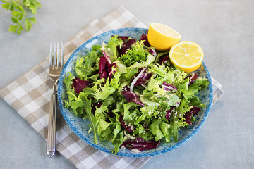 Vegetarian salad on a blue plate. Concept of vegetarianism and raw food.