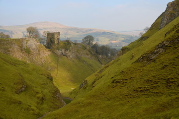 Peveril Castle, a ruined 11th-century castle overlooking the village of Castleton in the English county of Derbyshire