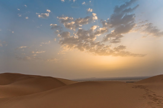 Sunrise over sand dunes in Erg Chebbi,  Sahara desert, Morocco, Africa