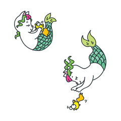 Cute cat mermaid catches a fish. Doodle vector illustration.