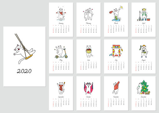 Calendar with cute white cats for 2020 year. Vector template