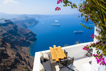 Greece Santorini island, caldera view with cruise ship on sea