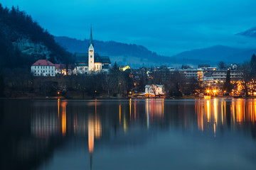 Fototapeta na wymiar lake bled at dusk - beautiful Slovenia travel background