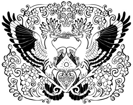recommend clip art: Vector illustration of hoopoes in love floral ornament black and white 