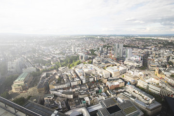 Aerial panorama of Frankfurt city center with the old theater and a lot of buildings, view from the Main Tower, Frankfurt am Main, Germany