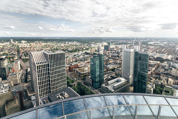 Fototapeta na wymiar Aerial view of modern skyscrapers of Frankfurt city center from the Main Tower, Frankfurt am Main, Germany