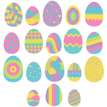 Set of eighteen easter eggs isolated on white