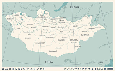 Mongolia Map - Vintage Detailed Vector Illustration