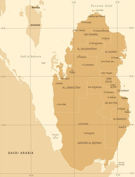 Qatar Map - Vintage Detailed Vector Illustration