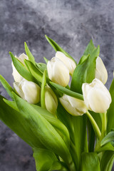 White tulips in glass jar. Gray background.
