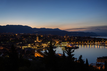 Naklejka premium View of Split's historic Old Town and beyond from above in Croatia at dawn. Copy space.