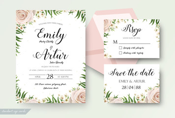 Wedding floral watercolor style invite, rsvp save the date thank you card Design with creamy white garden rose, wax flowers, green tropical palm tree leaves greenery decor. Vector elegant template set