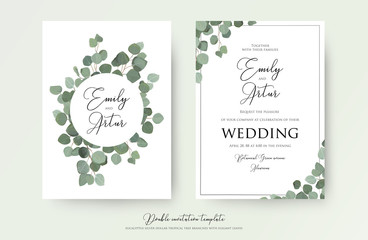 Wedding floral watercolor style double invite, invitation, save the date card design with cute Eucalyptus tree branches with greenery leaves decoration. Vector natural elegant, rustic luxury template © Alewiena