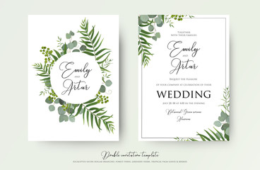 Wedding Invitation, floral invite thank you, rsvp modern card Design: green tropical palm leaf greenery eucalyptus branches decorative wreath & frame pattern. Vector elegant watercolor rustic template