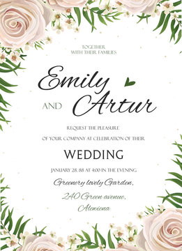 Wedding floral watercolor style invite, inviration, save the date card Design with pink, creamy white garden rose, wax flowers, green tropical palm tree leaves greenery frame. Vector. elegant template