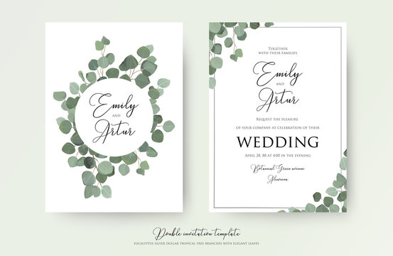 Wedding floral watercolor style double invite, invitation, save the date card design with cute Eucalyptus tree branches with greenery leaves decoration. Vector natural elegant, rustic luxury template