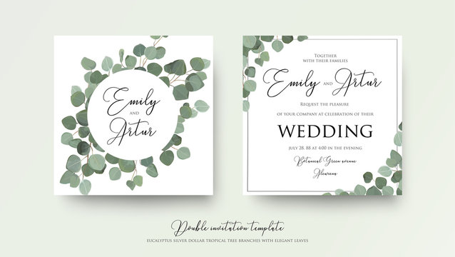 Wedding floral watercolor style double invite, invitation, save the date card design with cute silver dollar eucalyptus tree branches with greenery leaves. Vector  natural elegant rustic art template