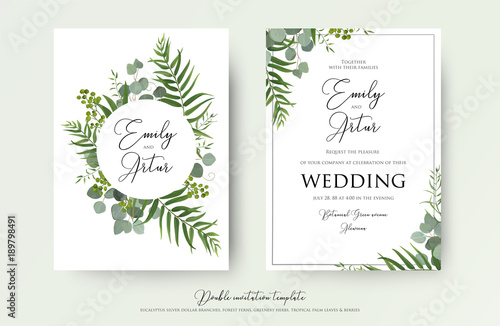 Wedding Invitation, floral invite thank you, rsvp modern card Design: green tropical palm leaf greenery eucalyptus branches decorative wreath & frame pattern. Vector elegant watercolor rustic template