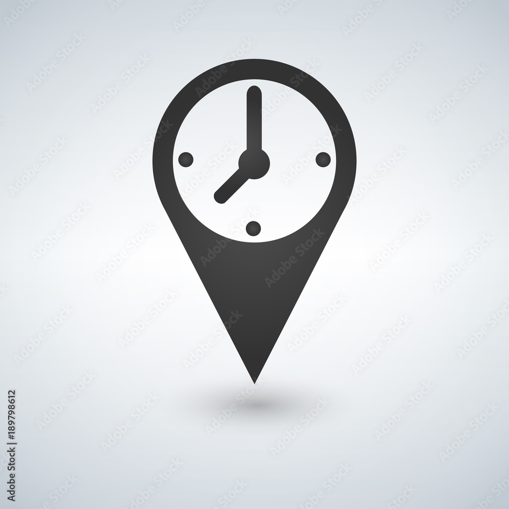 Poster illustration of an isolated map mark with a clock icon