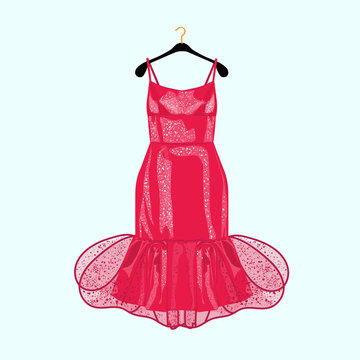 Red Party Dress With Decor. Fashion Illustration For Shopping Catalog