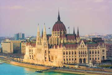 Fototapeta na wymiar Beautiful panoramic view over architecture of the Parliament house in Budapest, Hungary