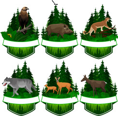 set of vector woodland emblems with eagle, wolf, puma, deer and hog boar © Save Jungle