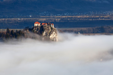 amazing sunrise at lake Bled from Ojstrica viewpoint, Slovenia, Europe - travel background