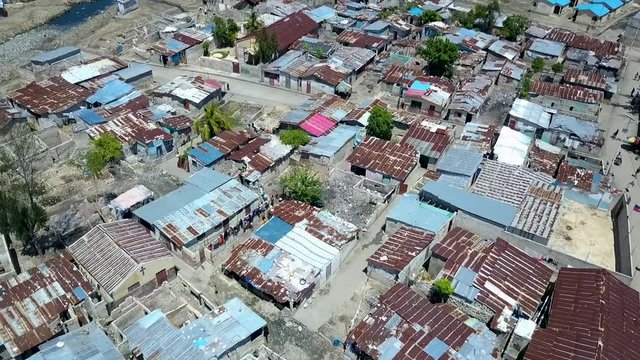 Aerial view of Port au Prince flying backwards