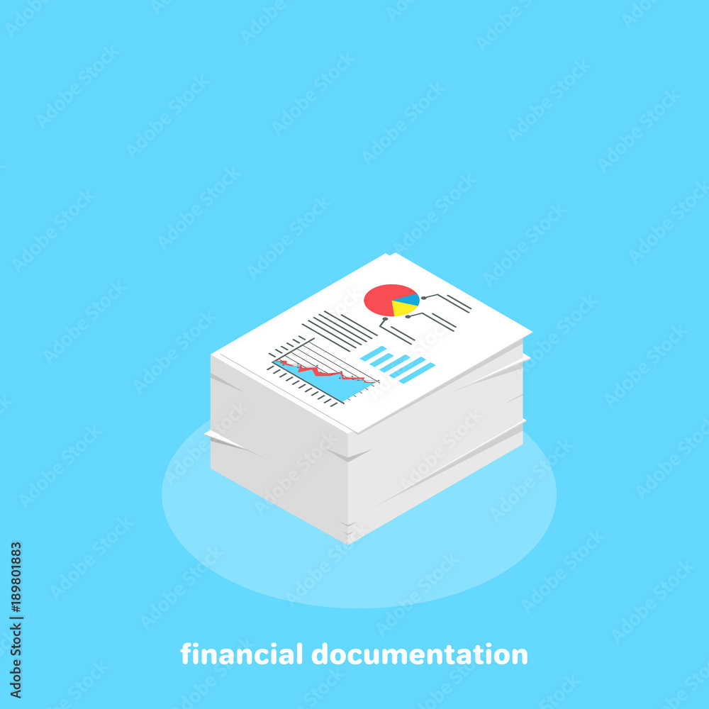 Poster a large stack of securities with financial data, an isometric image