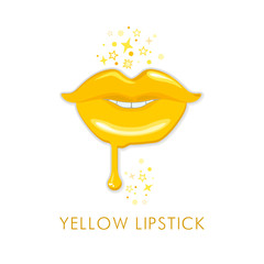 Yellow lipstick. Liquid lip gloss golden yellow shine color. Vector illustration fashionable cosmetics design.