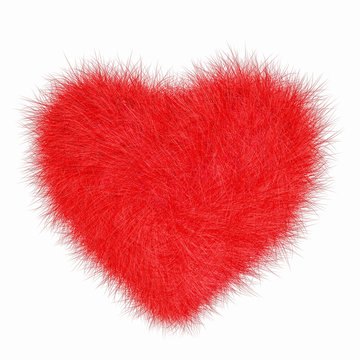 Fur puffy red heart isolated on white background. Love and Valentine day concept. 3D illustration.