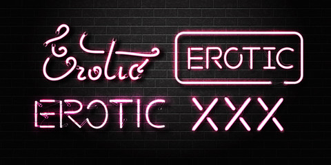 Vector realistic isolated set of neon sign of Erotic lettering for decoration and covering on the wall background. Concept of erotic show and night club.