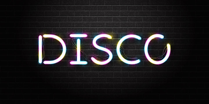 Vector realistic isolated neon sign for Disco lettering for decoration and covering on the wall background. Concept of night club, dj, rave and concert.