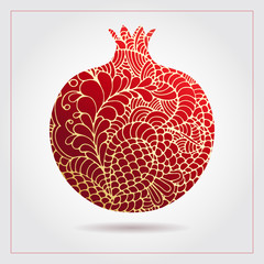 Hand drawn decorative ornamental pomegranate made of swirl doodles. Vector abstract illustration of fruit logo for branding, poster or packaging design.