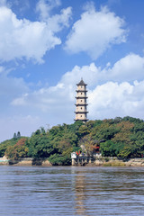 Ancient pagoda on Jiangxin Island in Oujiang River, Wenzhou, China.